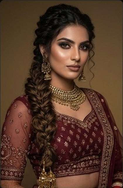 Bridal makeup with a fishtail braid and traditional maroon lehenga