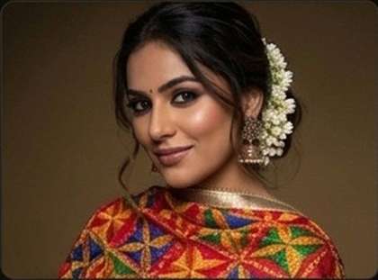 HD photoshoot makeup with floral hair accessory