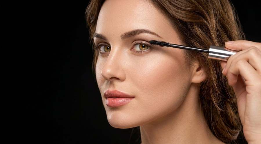 Close-up of a model's eye makeup being applied with a mascara wand