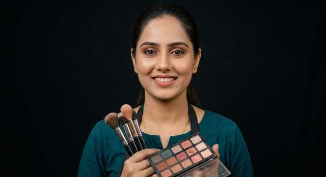 Komal, founder and makeup artist at Glam Beauty Lounge, holding brushes and an eyeshadow palette